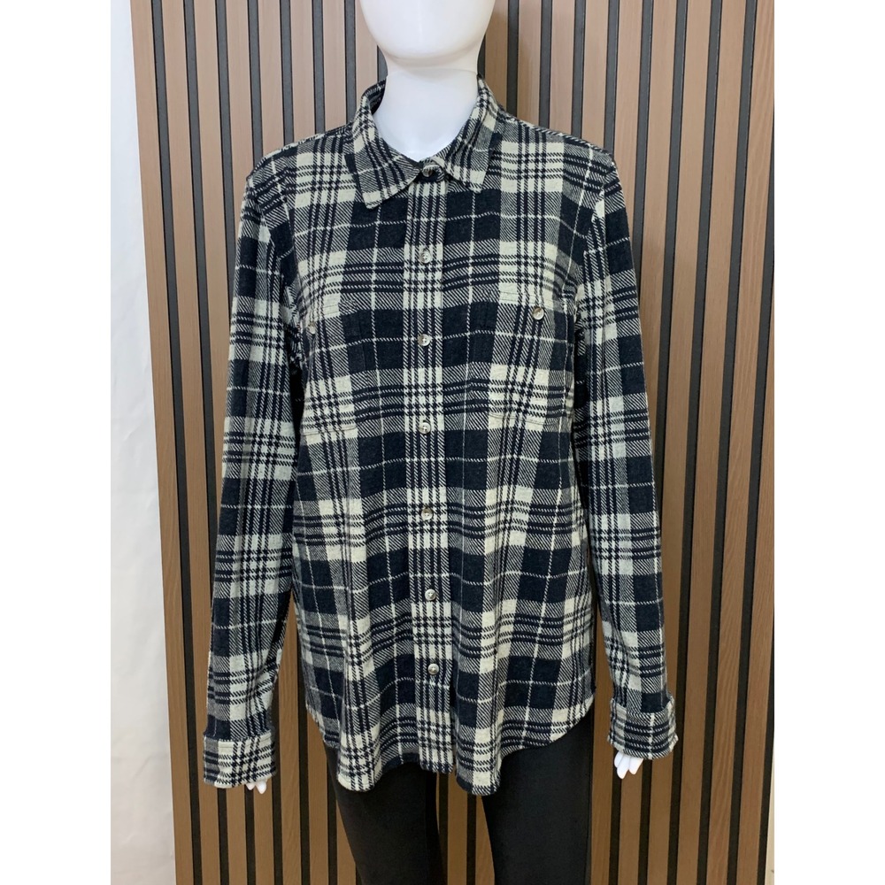 Faherty Women's Black Cream Plaid Flannel Shirt L Stretch Button Down Classic